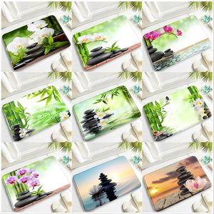 Orchid Green Bamboo Zen Door Rugs White Purple Flowers Spa Black Stone Natural Garden Scenery Bathroom Decor Anti-Slip Bath Mats