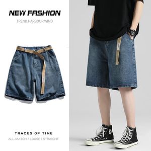 Summer masculino shorts de jeans soltos faixas de faixas de faixa casual calças de cinco pontos casuais de cinco pontos