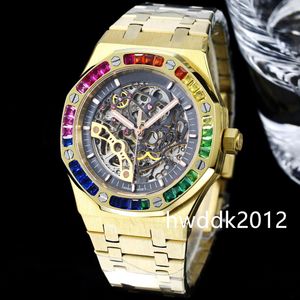 15412or Orologio da uomo in oro giallo a doppio bilancio ruota aperta aperta automatica a gemme multicolori in cristallo di lusso orologio da polso di lusso 41 mm 41 mm