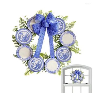 Decorative Flowers Christmas Artificial Wreaths Garlands Wooden Sign Blue And White Porcelain Wreath Wall Decor Front Door Decoration