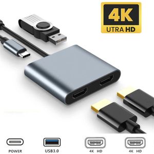 HUBS USB C Docking Station 4in1 Hub Typec Thunderbolt3 till Dual HD 4K Screen USB 3.0 PD Fast Charging Adapter för MacBook -bärbara datorer PC