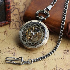 Transparent BronzeBlack Skeleton Manual Mechanical Pocket Watches with Hanging Chain Hand Winding Pendant Timepiece 240327