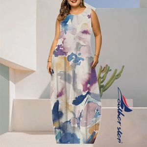 Plus Size Women Bohemian Printed Maxi Dress Elegant Sleeveless Robe Longue Summer Beach Pocket Long Dresses Casual Tank Kaftan 240410