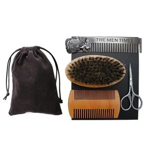 Wooden Beard Grooming Set with Scissor Repair and Double-sided Brush for Men's Styling Care and Cleaning in the Wooded Environment