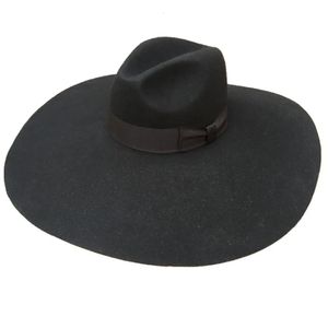 Svart ull kände mjuk extra bred stor randen diskett fedora hatt för kvinnor 16 cm 240410