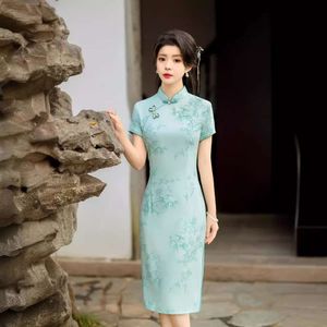 2024 Spring/summer New Chinese Style Bamboo Twill Elastic Cotton Mid Length Qipao Women's Dress Slimming