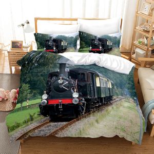 Yorgan kapakları Yatak Odası Yorgan/Yorgan Coverpillowcase 3D Vintage Tren Deseni Yetişkinler İkiz Kraliçe Krallık Boyut Boyut Seti