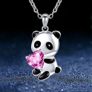 Adorable Pink Heart-shaped Cubic Zirconia Panda Necklace for Children - Chinese Style Pendant Necklace