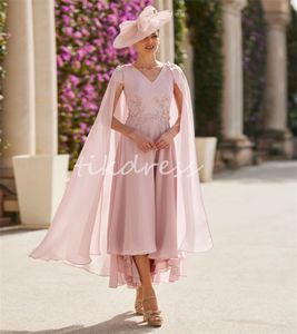 Elegante rosa Mutter der Braut Kleider gegen Nacken kurze Ärmeln Hochzeitsfeierkleider Applizes Tee Länge Chiffon Uhr Bräutigam Mutter Abend formelles Partykleid 2024 Vestios