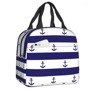 Borse da stoccaggio Custom Navy Blue Stripes and Anchors Borse da pranzo Donne Calda scatola isolata per studenti