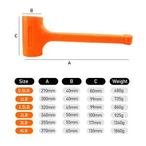 0.5-4LB Dead Blow Mallet Orange Soft Rubber Unicast Hammer Install Hammer Multifunctional Tool Wood Flooring No elasticity