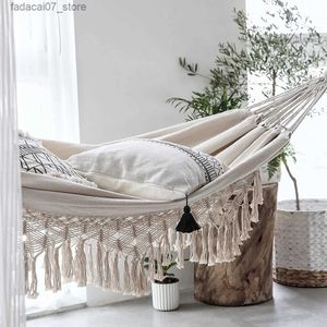 Hammocks Large 2-person throw includes Bohemian style Macrame edging luxury double hammock indoor hanger swingQ