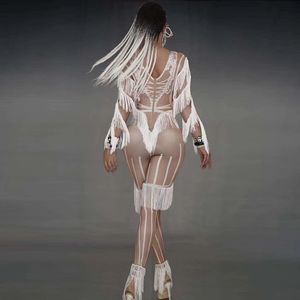 3D Print Fake Rhinestone White Tassel långa ärmar Jumpsuit Women Dancer Leggings Romper Singer Stage Performance Show Outfit