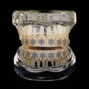 Blue Star Gold Plated Iced Out CZ Mouth Teeth Grillz Caps Top Bottom Grill Set Men Women Vampire Grills Rock Punk Rapper Accessories For Men Hiphop smycken