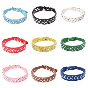 Bredd Pu Leather Pet Collar Round Bling Rhinestone Puppy Dog Choker Cat Halsband för små medelstora hundar