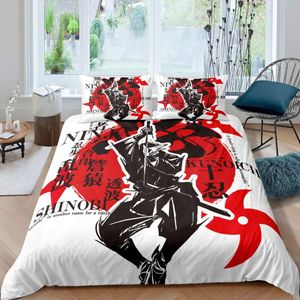 Japanische Samurai Bettwäsche Set König/Königin/volle Größe Japan Sonnenuntergangsbauen Silhouette Polyester Bettdecke Männer schwarz rot