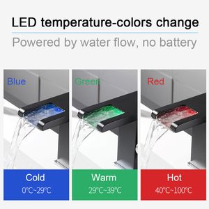 Torneira da bacia do banheiro da cachoeira led Dookole, alça única misturadora de água quente fria Tap Tap RGB Cores Alterar alimentado pelo fluxo de água