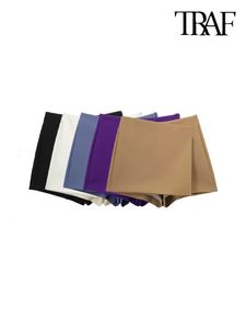 Traf Women Fashion Pareo estilo shorts assimétricos Saias vintage da cintura alta zíper fêmea skort mujer 240407