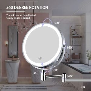 Rechargeable Wall Mounted Makeup Mirror 8 Inch Double Sided 10X Magnifying Bathroom Mirror 3 Color Lights Touch Cosmetic Mirrors