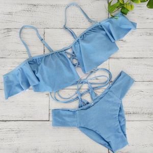 Kvinnors badkläder 2024 Off Axel Ruffle Tassel Bikini Sexig Summer Beach Hollow Out Swimsuit Blue Push Up Two-Piece Suit Women