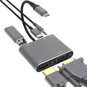 Hubs 5 em 1 Hub USB 3.0 Tipo C para VGA HDMicompatible Outwand Adapter 4K 1080p Video Converter Universal para Laptop Chromebook