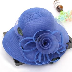 Summer Elegant Flower Organza Sun Hat For Women Luxury Feather Wide Brim Bucket Ladies Wedding Church Party 240410
