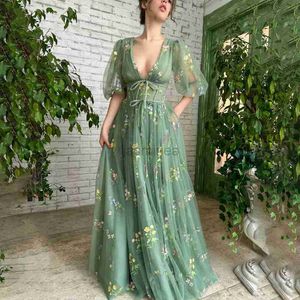 Urban Sexy Dresses Dhaolu Forest Green Fairy Lace Prom Party Dresses Puff ärmar A-Line Foraml Graduation Gowns Pleat Lace Evening Dance Dress 24410