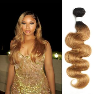 1B27 Honey Blonde Bundles Human Hair,Ombre Bundles Blonde Body Wave Bundles,16Inch Brazilian Remy Hair Bundle,Ombre1b/27 Hair Weave 100% Human Hair Extension