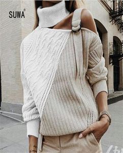 Nowy projekt kontrastowy kolor patchwork z dzianiny szydełko Hollowout pullover najlepsze 2020 Fashion Street Women Turtleeck Sweater 8373444