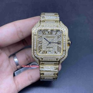 Herr Ice Diamonds gula guld rostfritt stål fodral full diamant glans bra automatisk klocka286t