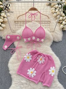 Singreiny Korean Hollow Out Knitt Suits Women Halter Lace Up Bow Backless Topdring Split Mini Skirt 2 개 세트 240410