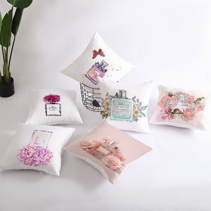 Perfume Bottle Series Valentine's Day Pillow Case Peach Skin Printed Pillow Case Home Fabric Square Sofa Cushion Cover Wholesale