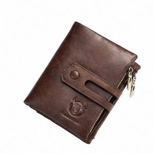 bullcaptain Genuine Leather RFID Men Wallet Credit Busin Card Holders Double Zipper Cowhide Leather Wallet Purse Carteira 021 92CR#