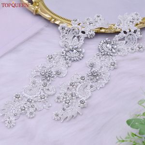 TOPQUEEN S157 2PCS White Embroidered Lace Applique Rhinestone Pearl Sewing Patch Women Wedding Bride Gown Dresses Diy Trim