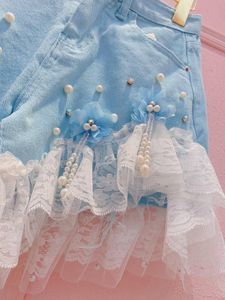 Summer 3D Flowers Lace Patchwork Ruffles Denim Shorts Women Pink Casual Mid Waist Pearls Tassels Jeans Shorts Hot Pants S-5XL