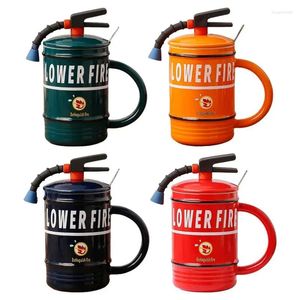 Canecas Extintor de incêndio Copo de café com tampa e colher presente para bombeiros Creative Ceramic Caneca Acessório para casa