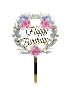 Topper de bolo de ouro acrílico feliz aniversário sobremesas de sobremesa de flores colorido flor de feliz aniversário bolo para decorar o cartão de casamento