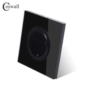 Coswall Black Crystal Glass Panel 16A EU Standard Wall Power Socket Outlet Grounded With Child Protective Lock R11 Series