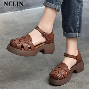 Sandals Summer Women Round Toe Chunky Heel Cover Platform Shoes Genunine Leather High GLADIATOR Handmade