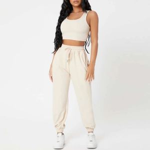 Women's Casual Sports Suit Solid Color Sleeveless Vest Blouse And Drawstring Elastic Waist Trousers With Pocket Two Piece Set 240329