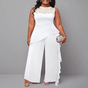 Plus Size Frühlings Sommermodische Modie -Jumpsuit Frauen sexy runde Hals ärmellose Holzohrrand Weitbein Hosen Elegant 240410