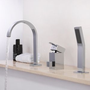 SKOWLL Modern Bathtub Faucet Set Brass Bath Tap Deck Mounted Bathroom Shower Faucet With Handshower 3 Pic Mixer Tap Chrome