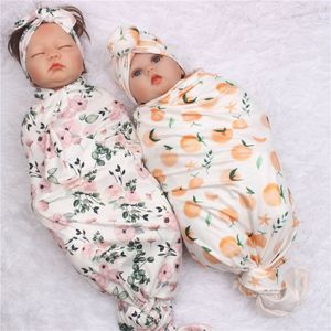 3pcs Newborn Baby Floral Print Swaddle Wrap Knotted Beanie Hat Bowknot Headband Set Infant Receiving Blanket Gifts