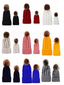 Pompom Ball Knitted Hat Winter Warm Women Parentchild Knitting Caps Knit Beanies Imitation Braid Hair Ball Wool Cap 9styles9887996