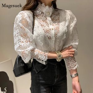 Dresses Spring Crochet Lace Blouse Women Hollow Out Flower Lace Patchwork Shirt Stand Collar Long Sleeve Allmatch Chic Button Top 13206