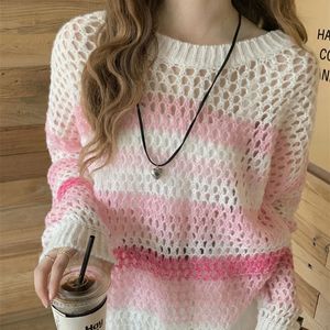 Pink Long Sleeve Tshirt Women Summer Thin Section Hollow Ice Silk Stick Sunscreen Coverall Korean Loose Tops Rainbow Stripes 240403