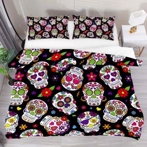 Sugar Skull Duvet Coverset, monochromer Schädel mit Rosenblättern und Diamantform Folklore Festival Druck, dekorative Bettwäsche -Set