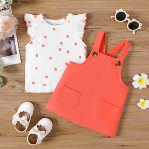 Girl's Dresses 2pcs Baby Girl Floral Print Flutter-sleeve Top and 100% Cotton Overall Dress Set L47