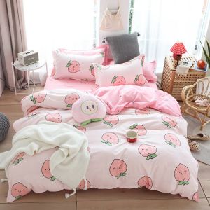 Niedliche rosa Pfirsich gedruckte Mädchen Jungen Kinder Bett Cover Set Bettdecke für Erwachsene Kinderbettblätter Kissenscheiben Bettwäsche Bettwäsche Set Soft