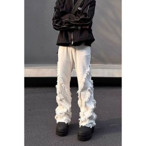 Raw Edge Jeans Mens가있는 American Style High Street Vibe 구조 디자인 Hiphop Straight Leg High-End Long Pants 240410